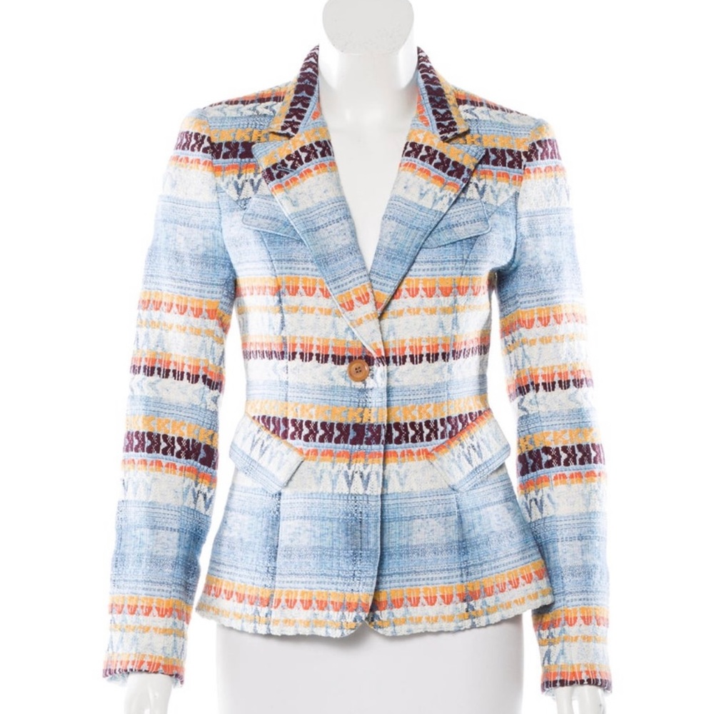 Smythe Multicolor Patterned Tweed Blazer - Light Blue, Orange, Burgundy
